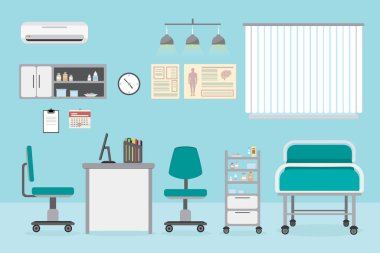 Hastanedeki boş doktor ofisi, mobilya ve tıbbi ekipmanlı oda, düz vektör illüstrasyonu.