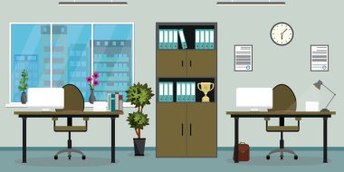 İki işyeri olan boş modern ofis, mobilyalı oda, düz vektör illüstrasyonu.