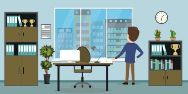 İş adamı arka görünümü, iş dünyasının modern iç mekanı, şehir manzaralı pencere, düz vektör illüstrasyonu