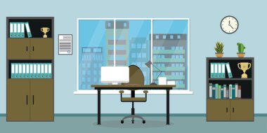 Boş işyeri, modern iş alanı içi, şehir manzaralı pencere, düz vektör illüstrasyonu