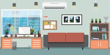 Modern ofisteki boş işyeri veya evdeki dolap, mobilya ve bitkilerle iç mekan, düz vektör illüstrasyonu