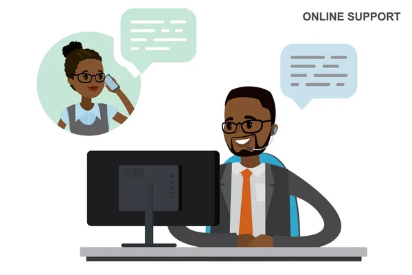 Online Podpora Chat Koncept Mužský Operátor Stolem Africký Americký Spotřebitel — Stockový vektor