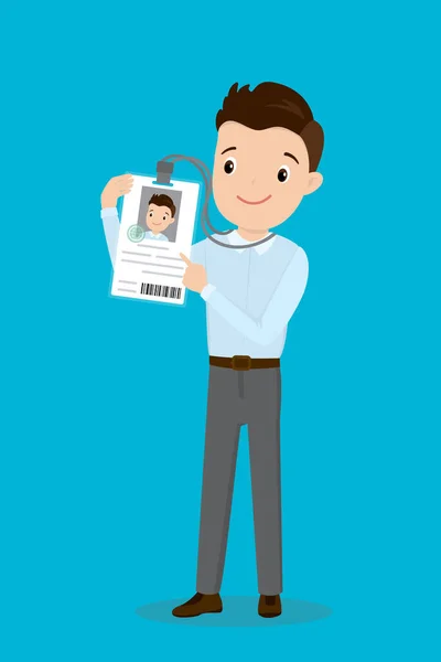 Happy caucasian businessman or office worker holding badge with id,photo and qr code,Flat Vector illustration