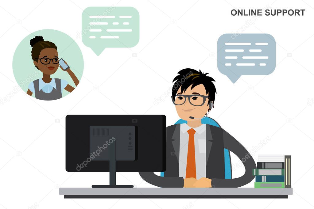 Online support concept,asian male operator behind a desk and african american female consumer is calling by phone,cartoon vector illustration
