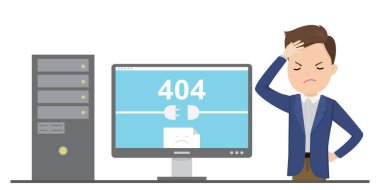 Hata sayfası ve üzgün erkek, hata bağlantısı ve 404 hatası, beyaz arkaplanda izole edilmiş, düz vektör resimleme