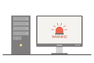 Ekranda uyarı metni ve alarmı olan PC bilgisayar, beyaz arkaplanda izole edilmiş, basit düz biçim tasarımı, vektör illüstrasyonu