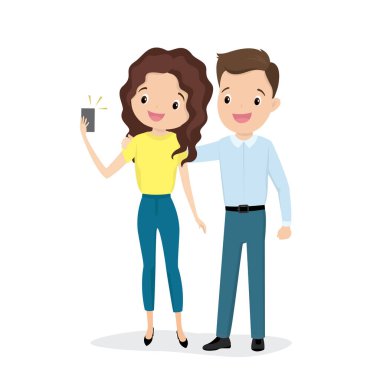 Çift, beyaz arka planda izole edilmiş, mutlu ve güzel genç erkek ve kadın beyaz karakterler, düz vektör çizimleri çeker.