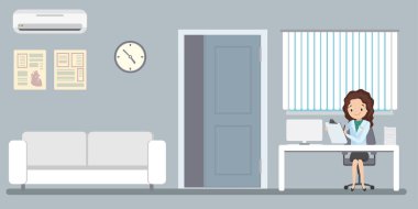 Klinikteki hastane resepsiyonundaki genç hemşire, mobilyalarla resepsiyon, düz vektör illüstrasyonu.