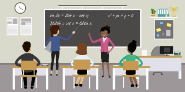 Oftalmolog doktor bir erkeğin görüşünü, Snellen Göz grafiğini, sağlık vektör çizelgesini, beyaz arka planda izole edilmiş düz tasarımı inceliyor.