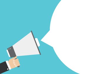 El ele tutuşan megafon ve konuşma balonu şablonu, metin için yer, düz vektör çizimi