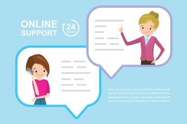 Akıllı telefonlu beyaz kadın ve konuşma baloncuğu içinde mutlu kadın, online sohbet, 24 saatlik destek konsepti, stok düz vektör çizimi