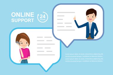 Akıllı telefonlu beyaz kadın ve konuşma balonunda mutlu bir erkek, online sohbet, 24 saatlik konsept desteği, stok düz vektör çizimi