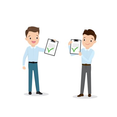 Beyaz arka planda izole edilmiş iki Kafkas işadamı veya ofis çalışanı, düz vektör çizimi