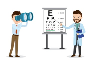 Erkek doktor optometrist görüşü inceliyor, beyaz tenli dürbünlü adam, Snellen Göz Çizelgesi, sağlık vektör çizelgesi, beyaz arka planda izole edilmiş düz tasarım.