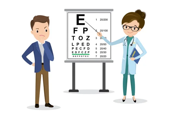 Ophtalmologiste Médecin Examine Une Vision Mans Snellen Eye Chart Illustration — Image vectorielle