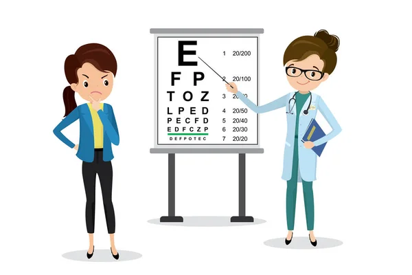 Oogarts Arts Onderzoekt Een Vrouwelijk Gezichtsvermogen Snellen Eye Chart Gezondheidszorg — Stockvector