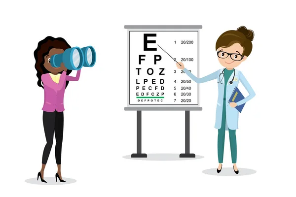 Kadın Doktor Optometrist Görüşü Inceliyor Dürbünlü Kadın Snellen Göz Çizelgesi — Stok Vektör