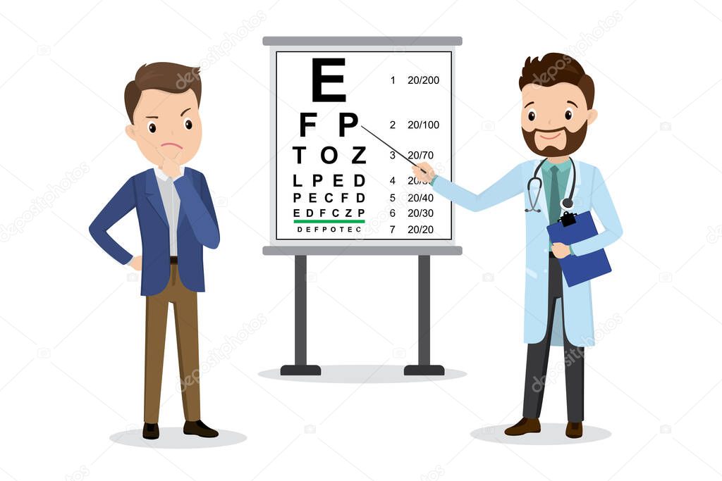 Male Doctor optometrist examines vision,Snellen Eye Chart,health care vector illustration,flat design isolated on white background