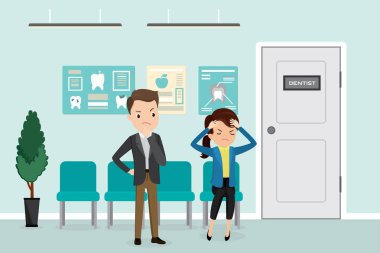 Diş muayenehanesinde hastalar için bekleme odası. Kadın ve erkek hastalar. Stomatoloji konsepti için iç bina. Düz biçimli vektör illüstrasyonu.