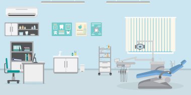 Diş hekimliği bürosu içi, boş dişçi hastanesi ya da klinik odası, mobilya ve tıbbi ekipman, düz vektör illüstrasyonu.