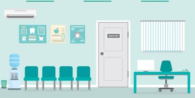 Diş hekimindeki hastalar için boş bekleme odası. Resepsiyon masası, stomatoloji konsepti için iç bina. Düz biçimli vektör illüstrasyonu