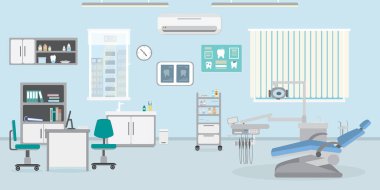 Diş hekimliği bürosu içi, boş dişçi hastanesi ya da klinik odası, mobilya ve tıbbi ekipman, düz vektör illüstrasyonu,