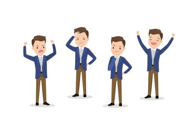 Bir grup mutlu ve üzgün iş adamı, insan duyguları, beyaz arka planda izole edilmiş, düz vektör çizimi