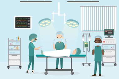 Ameliyathanede iki erkek cerrah ve kadın hemşire ameliyat masasında yatan beyaz kadın, mobilya ve tıbbi malzemeler, düz vektör çizimi.