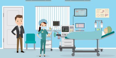 Erkek ve hemşire, hastane koğuşundaki kadın hastayı ziyaret ediyor, tıbbi mobilyaları olan bir oda, düz vektör çizimi.