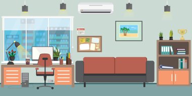 Modern ofisteki boş işyeri veya evdeki dolap, mobilya ve bitkilerle iç mekan, düz vektör illüstrasyonu.