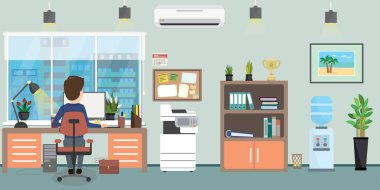 İş adamı ya da ofis çalışanı Modern ofis veya kabine, mobilya ve bitkilerle iç mekan, beyaz erkek karakter - ters görünüm, düz vektör illüstrasyon