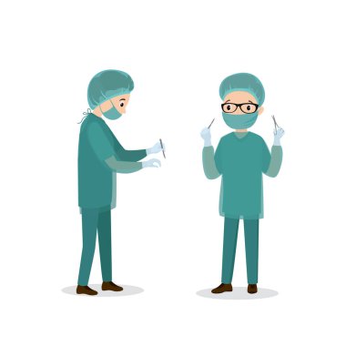 Cerrah erkek, iki ön görüş ve profil, beyaz arka planda izole doktor, düz vektör çizimi