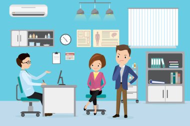 Kafkas erkek doktor ve danışma odasında birkaç hasta, tıbbi mobilya ve ekipman, düz vektör çizimi