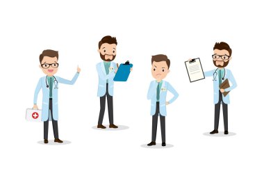 Kafkas erkek doktor seti, farklı pozlardaki karakterler, beyaz arka planda izole edilmiş, düz vektör çizimi