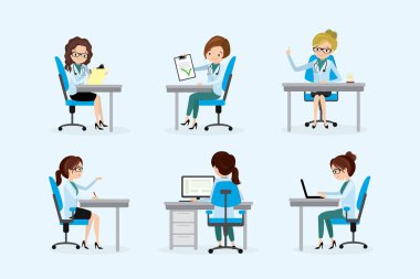 İş yerinde doktor ya da dişçi seti, farklı pozlarda başarılı beyaz kadın karakterler - ön, arka ve profil görüşleri, beyaz arka planda izole edilmiş, düz vektör çizimi