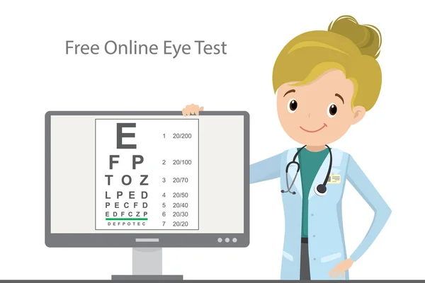 Online Eye Test Snellen Computer Monitor Caucasian Female Optometrist Isoled — стоковий вектор