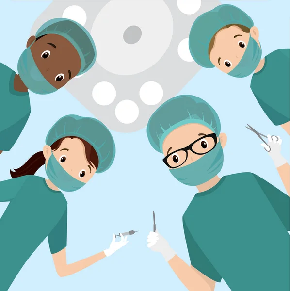 Χειρουργοί Και Νοσηλευτές Εκτελούν Χειρουργική Επέμβαση Κάτω Όψη Επίπεδη Διανυσματική — Διανυσματικό Αρχείο