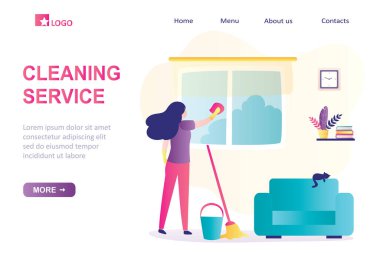 Cleaning service landing page template. Room interior with  furniture. Woman doing cleaning, washing window and floor. Female character back view, mop and bucket nearby.Flat trendy vector illustration