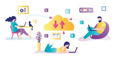 Cloud data storage. Various business people working online. Download and upload data, information via internet. Cloud computing concept. Remote work. File hosting service. Flat Vector illustration