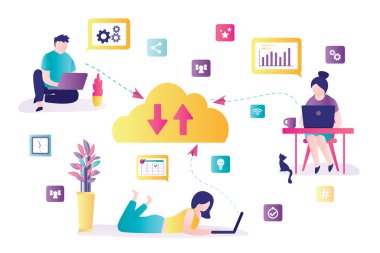 Cloud data storage. Group of business people working online. Download and upload data, information via internet. Cloud computing concept. Remote work. File hosting service. Trendy Vector illustration.