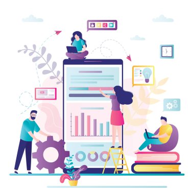 Mobile Data analysis concept. Management app, consulting process or business project. Various web analytics, teamwork. Online information analysis of social media. Web page design. Vector illustration