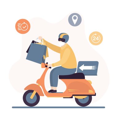 Delivery man ride motorbike and holding shopping bags. Man courier with protective mask on face. Fast delivery banner. No contact and safe courier service. Trendy style vector illustration