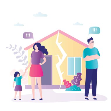 Couple in quarrel. Psychology mental problems concept. Divorce, father leaves family. Daughter with mother. Relationship family conflict, stress. Ruined family house. Flat Vector illustration