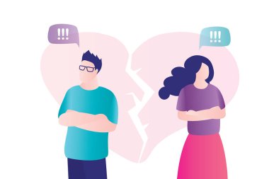 Couple in quarrel. Psychology mental problems concept. Depression and divorce. Relationship family conflict, stress. Broken heart on background. Male and female characters. Flat Vector illustration
