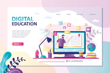 E-learning concept banner. Online education landing page template. Male teacher on laptop screen. Web courses or tutorials, home schooling, software for learning. Education vlog. Vector illustration