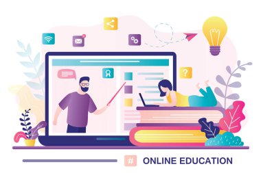 Online education concept banner. E-learning, home schooling. Girl student working on laptop. Tutor or teacher on display. Web courses or tutorials concept. Education platform. Flat Vector illustration