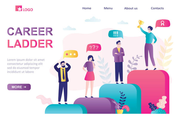 карьерная лестница целевой страницы. Успех в бизнесе, корпоративных отношениях. группа бизнесменов, стоящих на лестнице. награда, успешная деловая женщина, несчастные коллеги. модная векторная иллюстрация