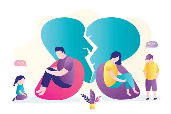 Couple in quarrel. Psychology mental problems concept. Depression and divorce. Relationship family conflict, stress. Unhappy children. Broken heart. Male and female characters.Flat Vector illustration