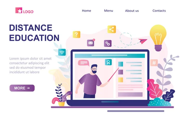 Distance Education Landing Page Template Learning Home Schooling Man Tutor —  Vetores de Stock