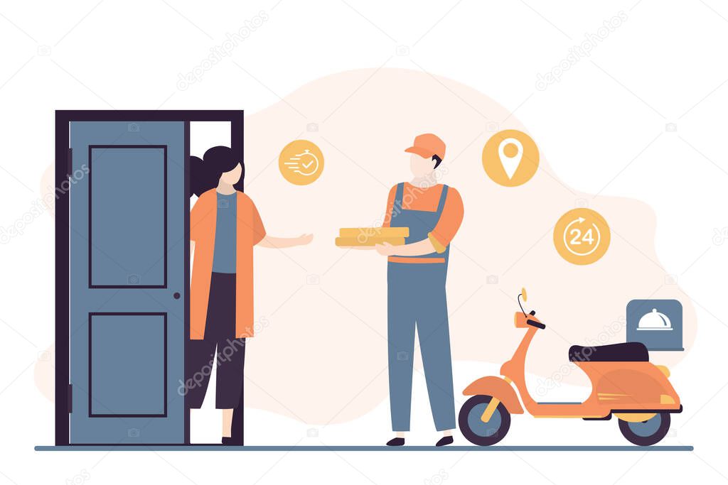 Deliveryman with pizza boxes and woman client near open door. Fast delivery service concept background. Male courier in uniform and delivery motorbike. Trendy design vector illustration 